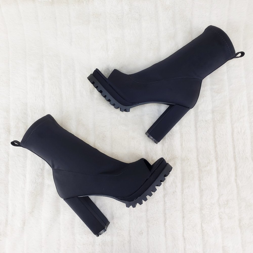 Black Chunky Heel Stretch Open Toe Ankle Boots